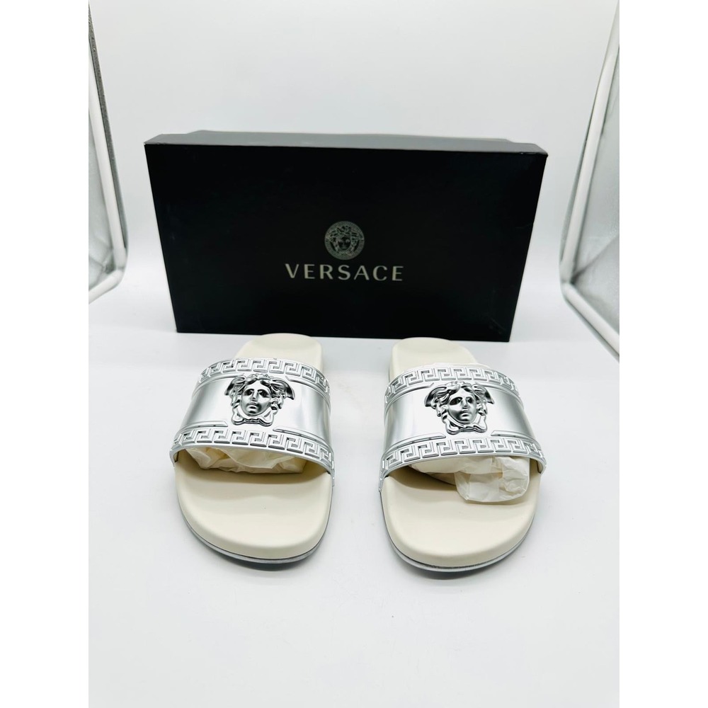 Versace Medusa Head Greek Key Slides Silver Off White Mens Sandals Sz 40 IT US 7